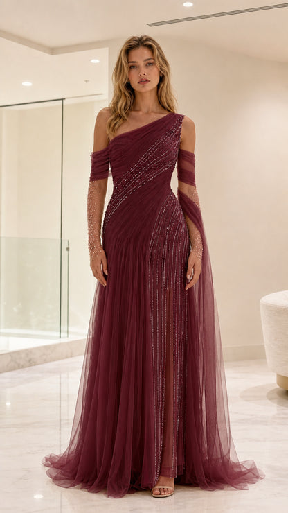 Front view of burgundy red one-shoulder sequin tulle evening gown with draped sleeves