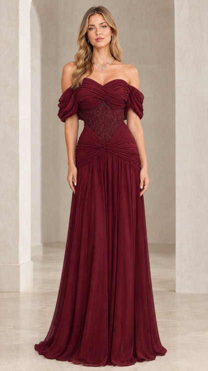 Full front view of woman wearing the Burgundy corset ruched chiffon evening gown