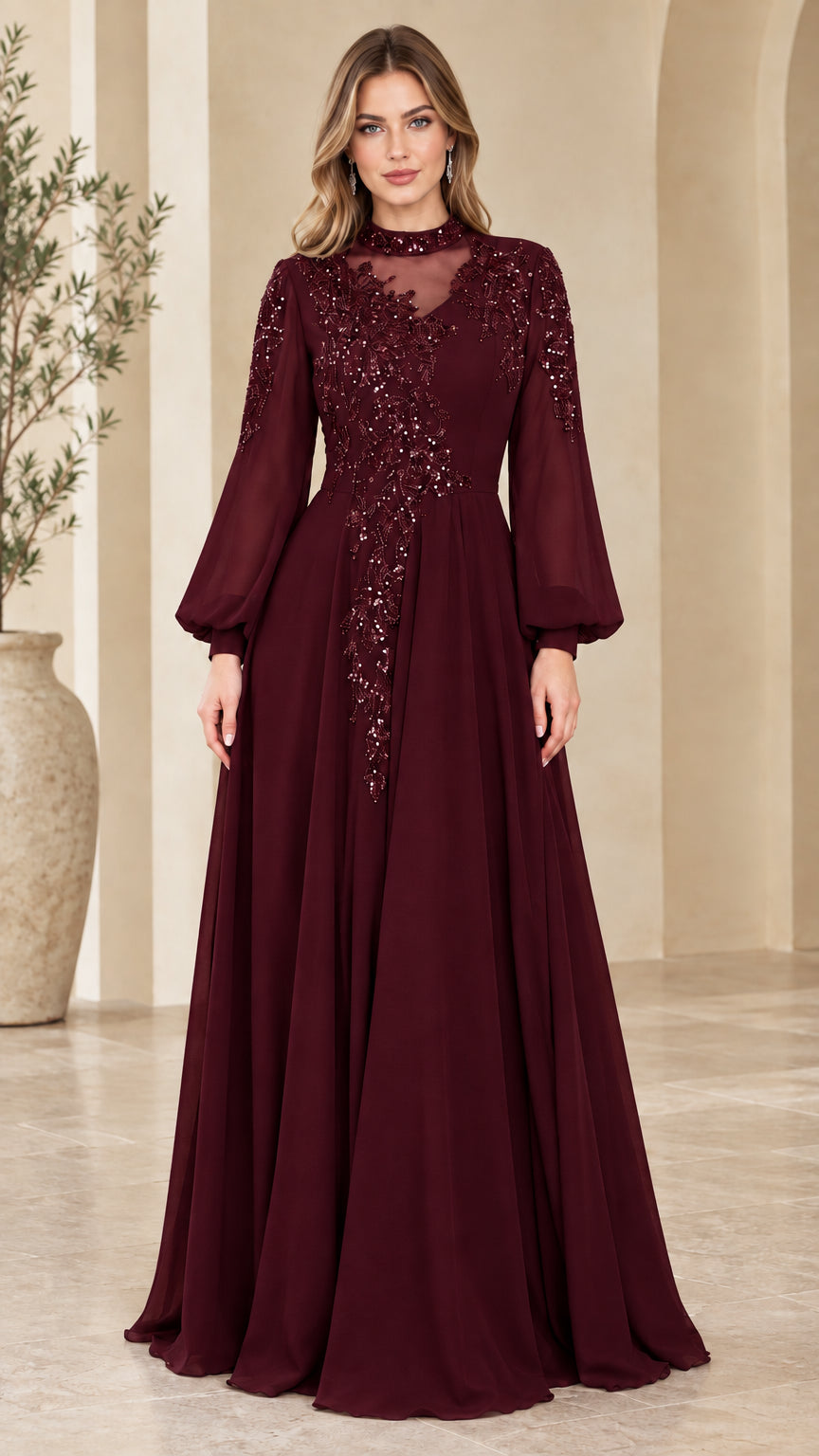 Front view of burgundy red sequin embroidered bishop sleeve evening dress