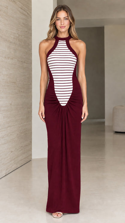 Full front view of burgundy wine red striped spliced halter neck maxi dress