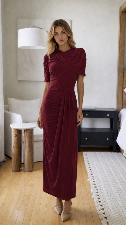 Front view of model wearing Burgundy draped maxi dress