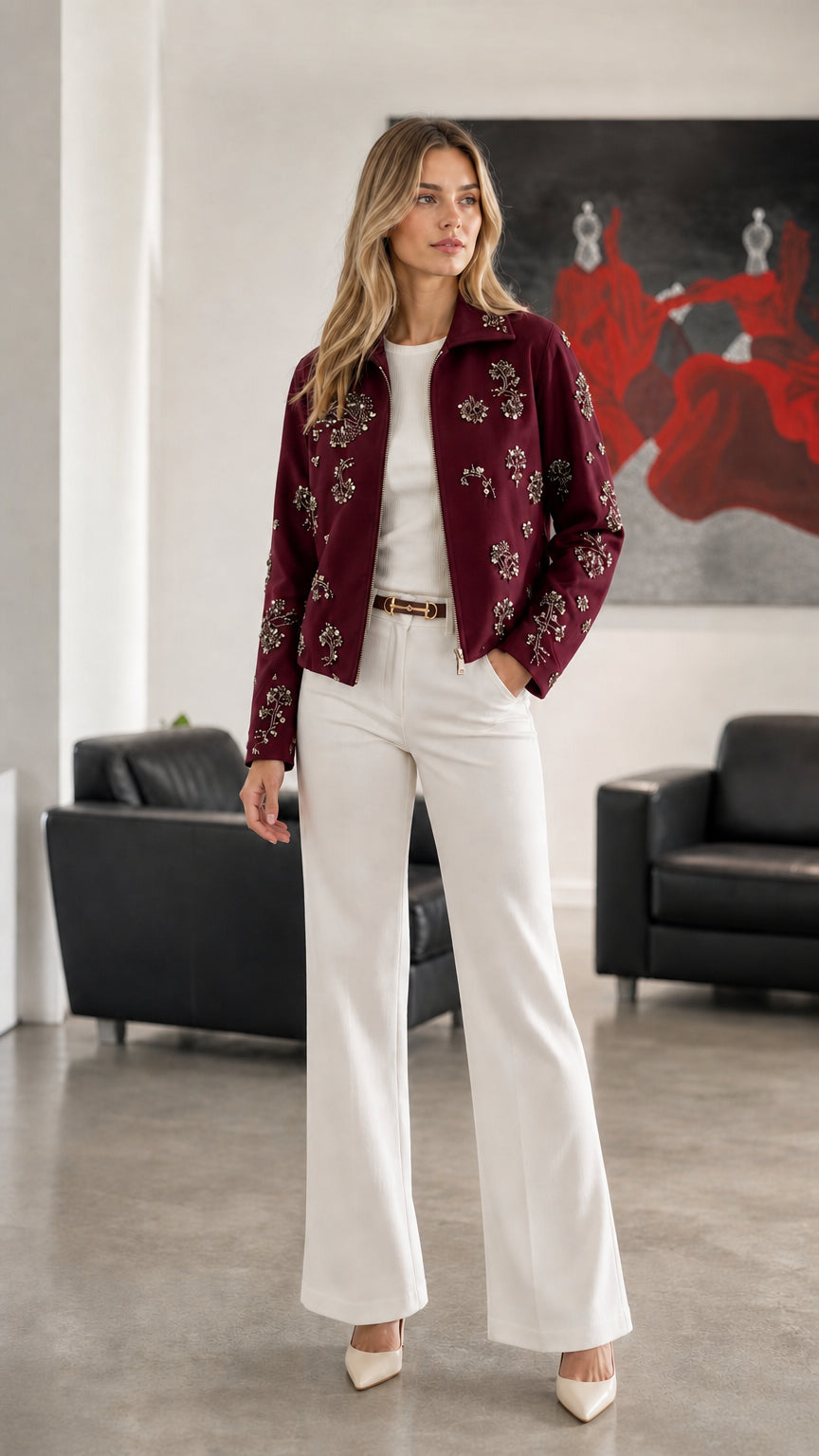 Woman wearing Burgundy embellished floral zip-up jacket with white trousers