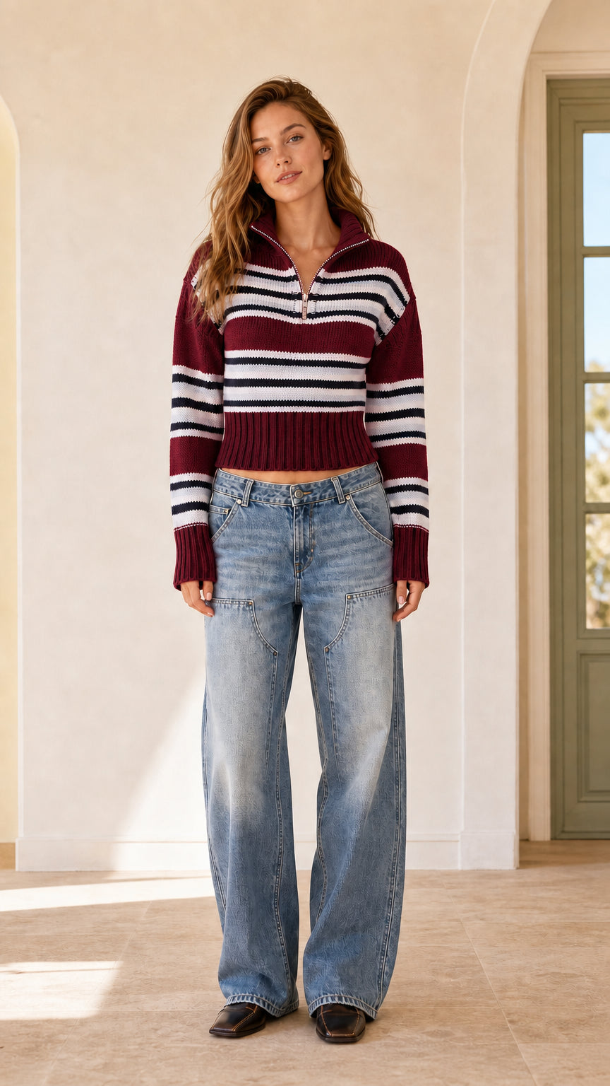 Full front view of burgundy wine striped quarter-zip cropped knit sweater