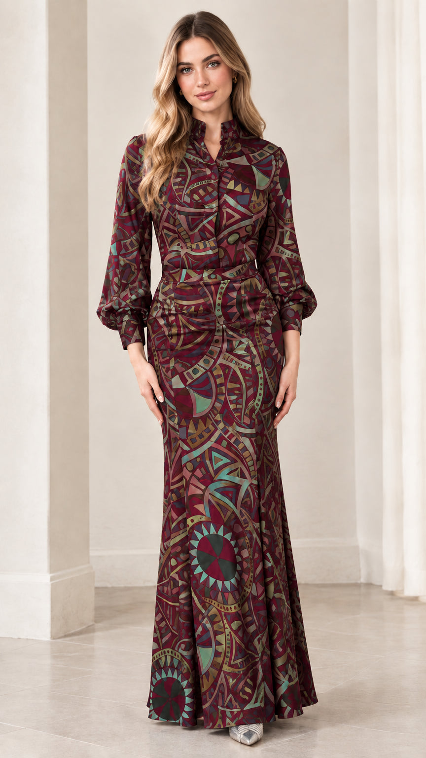 Model wearing burgundy geometric print stand collar mermaid maxi dress