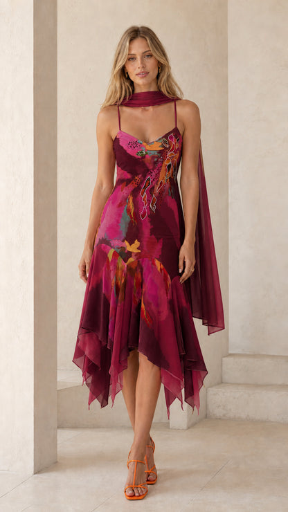 Front view of burgundy floral watercolor midi dress