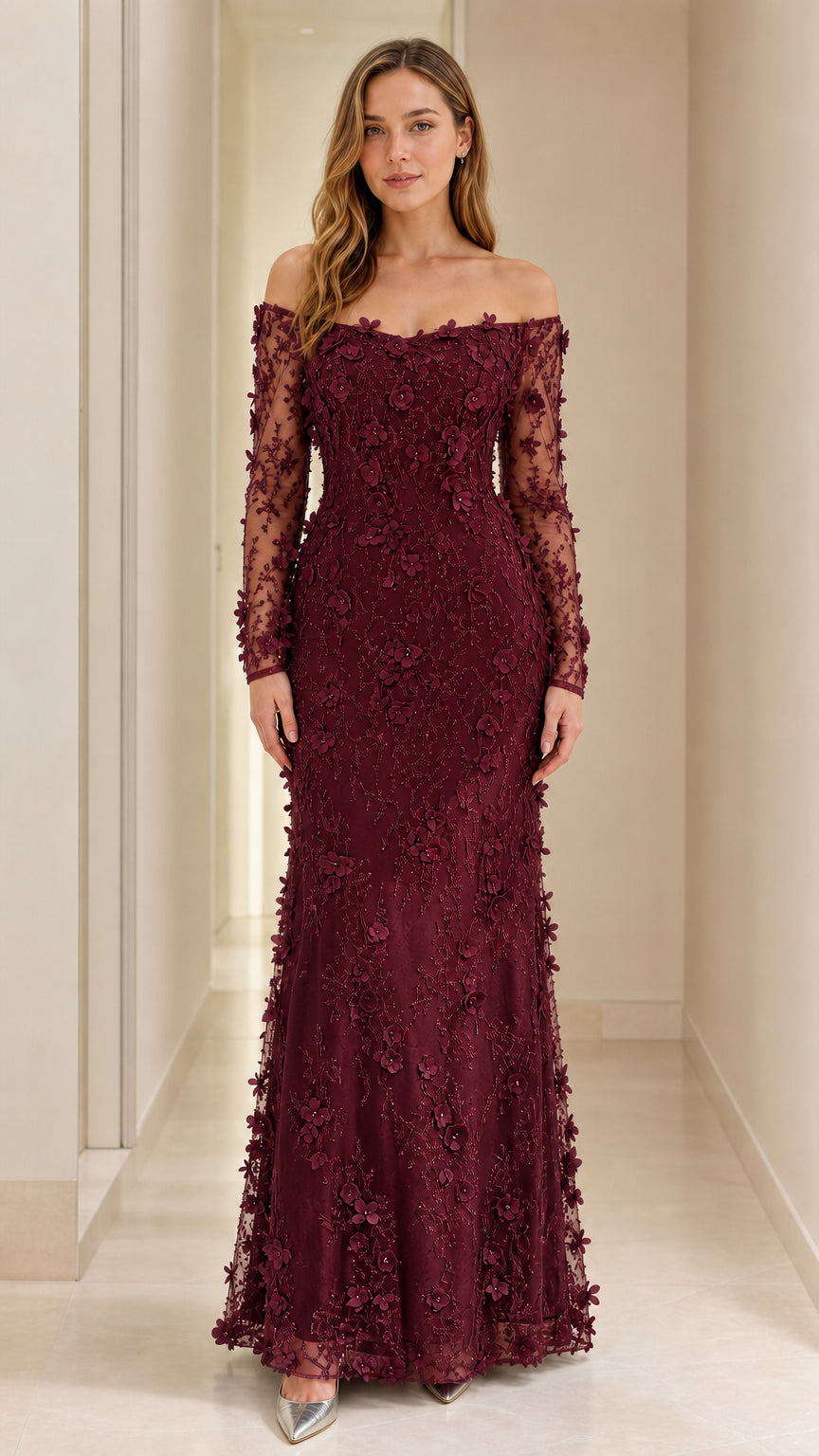 Burgundy wine off-the-shoulder floral mermaid gown