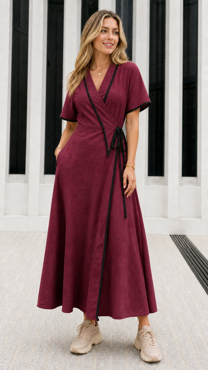 Model wearing Burgundy wine wrap maxi dress with black contrast trim