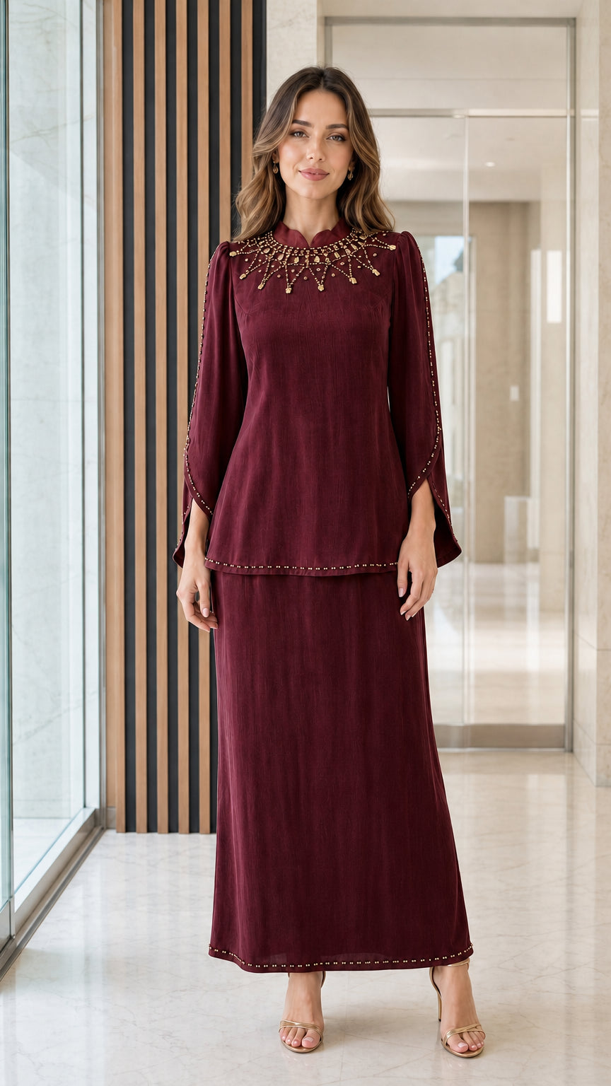 Burgundy wine 2-piece beaded neckline maxi skirt set