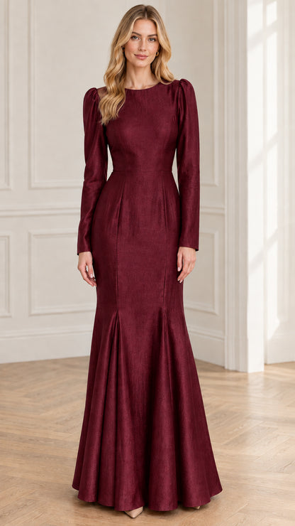 Burgundy long sleeve jacquard mermaid formal evening dress