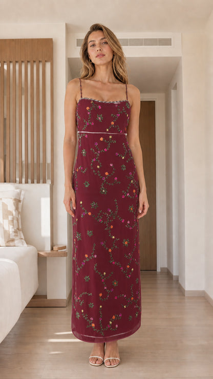 Front view of burgundy floral embroidered maxi dress