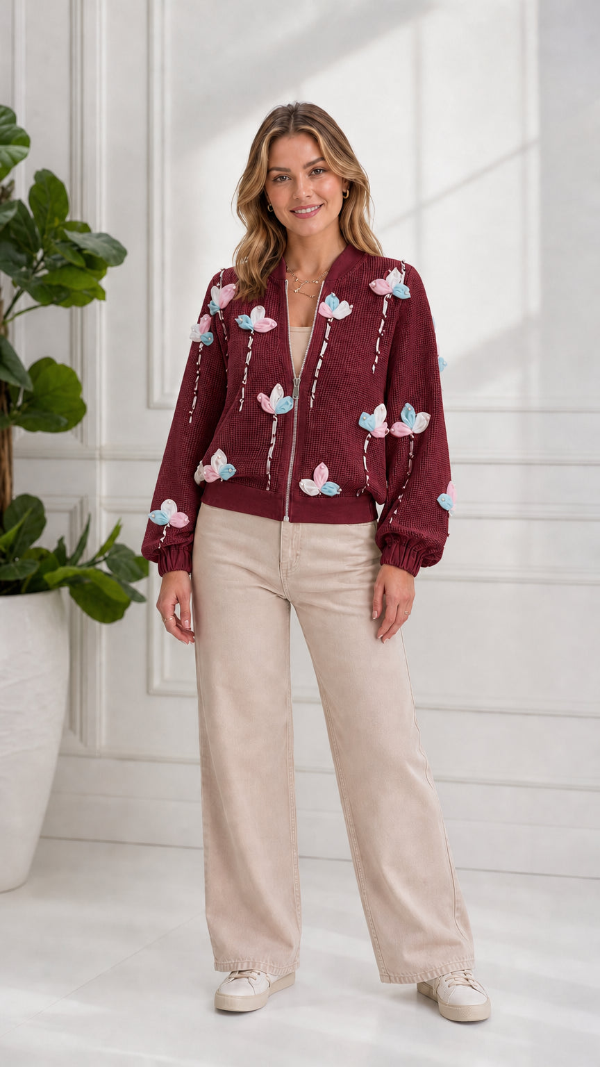 Model wearing burgundy 3D floral zip-up knit bomber cardigan