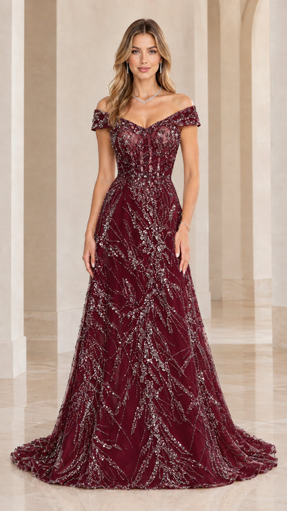 Front view of burgundy red off-the-shoulder beaded formal ball gown