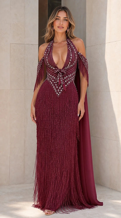 Burgundy red rhinestone fringe cape gown for formal galas