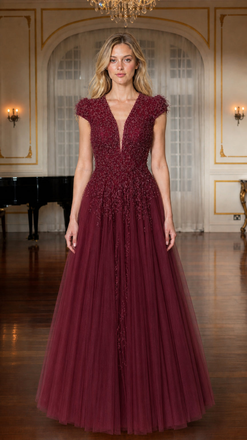 Front view of burgundy red evening gown