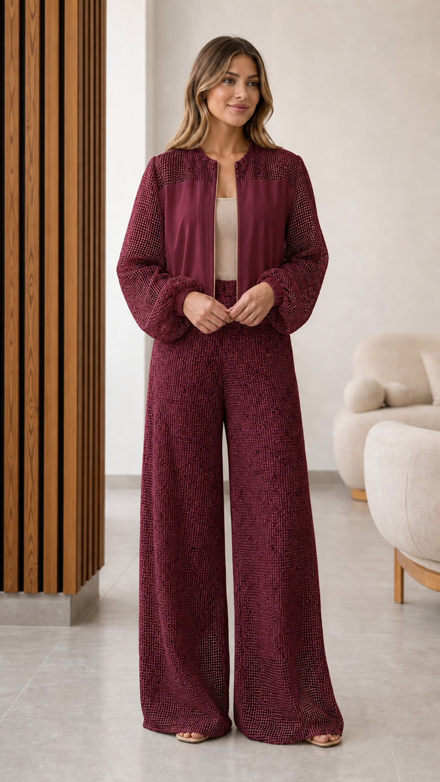 Model wearing burgundy wine textured mesh panel zip jacket and wide leg pants set