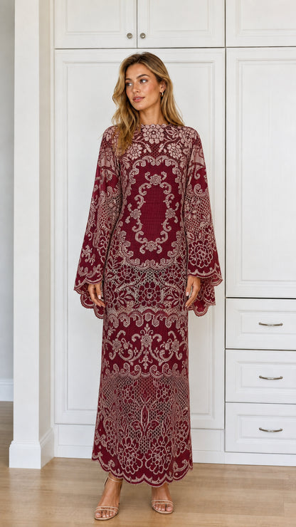 Front view of Burgundy long sleeve lace maxi dress