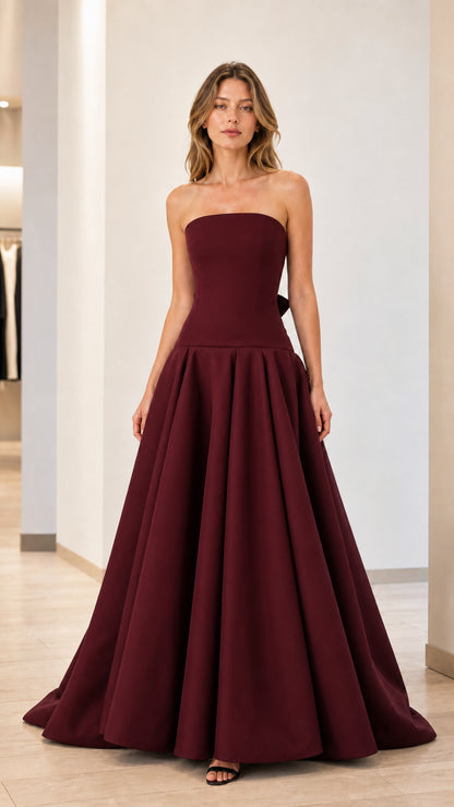 Burgundy color variant of strapless evening gown