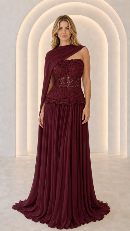 Burgundy wine red strapless lace corset evening gown with pleated skirt and shoulder drape