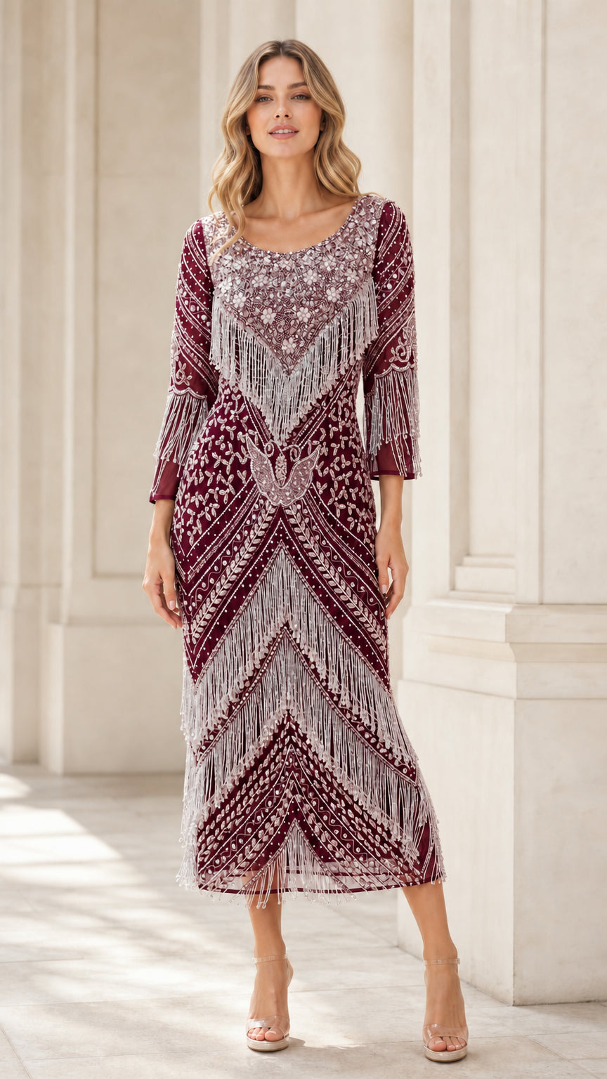 Burgundy wine beaded fringe evening midi dress with 3/4 sleeves