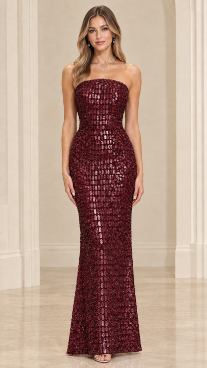 Front view of model wearing Burgundy strapless sequin evening dress