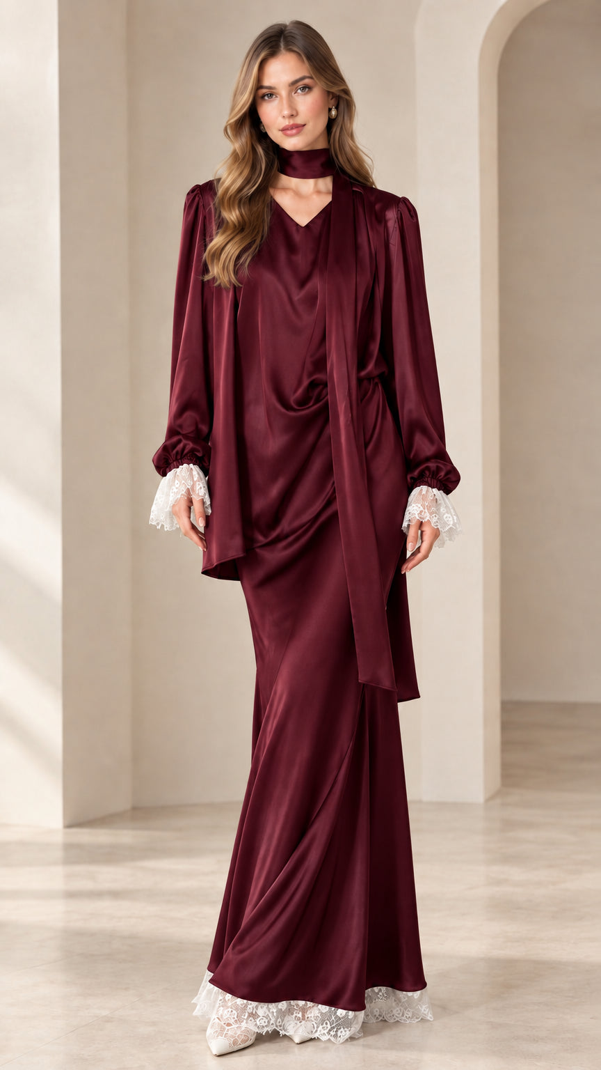 Burgundy wine satin evening draped maxi dress set with delicate lace cuffs and hem