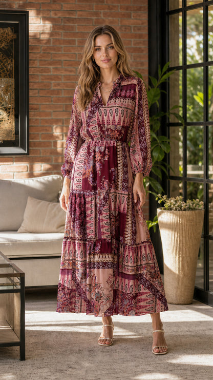 Model wearing burgundy multi color variant of the tiered maxi dress