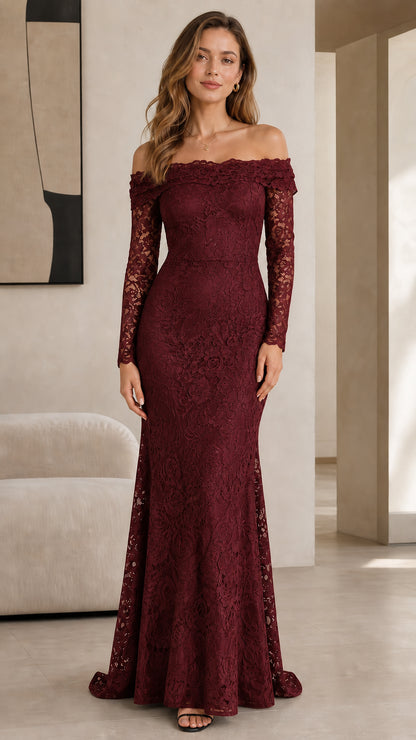 Front view of model wearing burgundy wine off-the-shoulder mermaid lace gown
