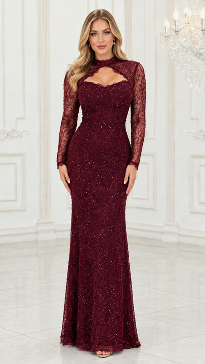 Model wearing burgundy wine long sleeve glitter lace evening gown