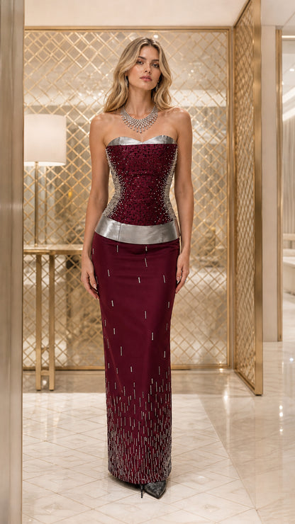 Burgundy color variant of beaded corset evening gown