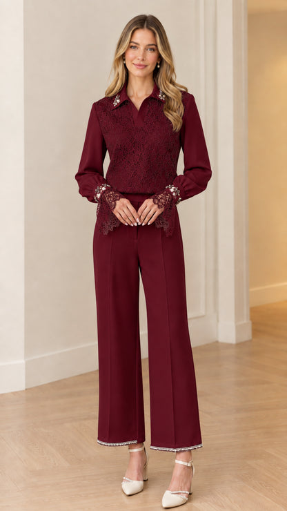 Front full view of women's burgundy wine red lace embellished two-piece pants set