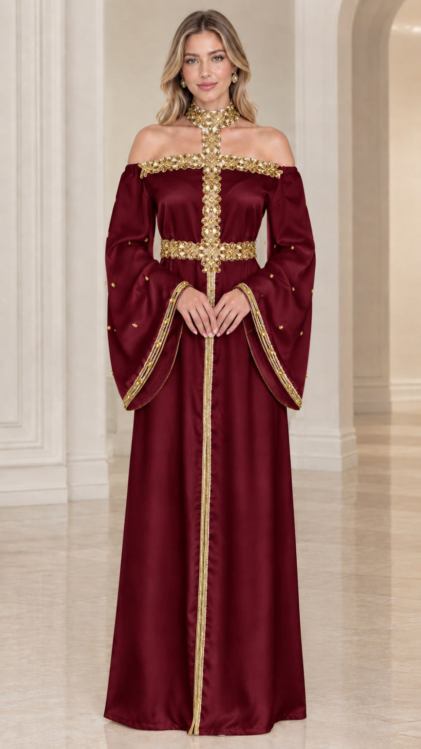 Front full-length view of burgundy red satin off-shoulder maxi evening gown