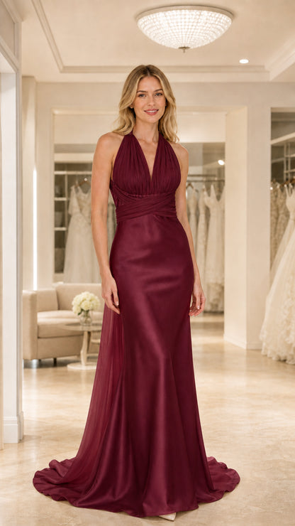 Full-length view of Burgundy red halter pleated satin maxi evening dress
