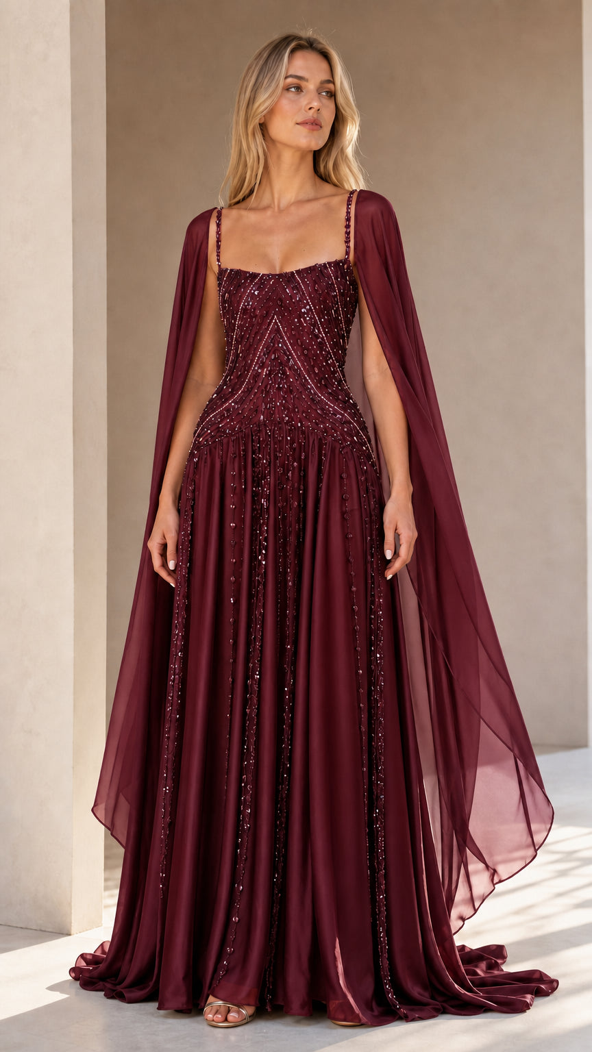 Front view of burgundy red beaded A-line cape evening dress