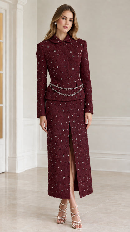 Burgundy wine red embellished tweed blazer and maxi skirt two-piece set