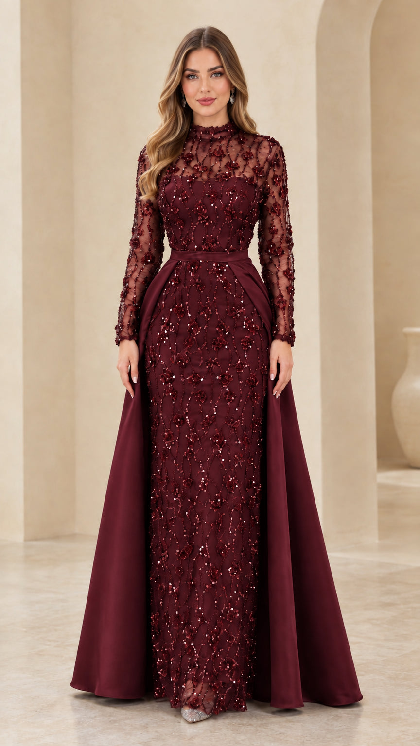Burgundy wine red long sleeve sequined evening dress with satin overskirt