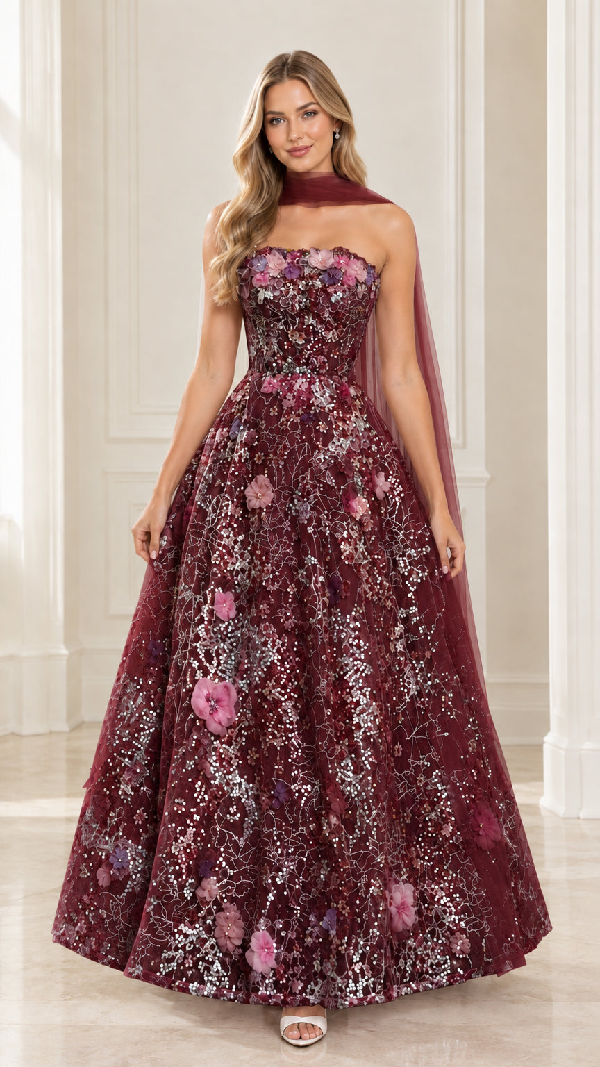 Front view of model wearing burgundy wine strapless floral sequin formal ball gown with scarf