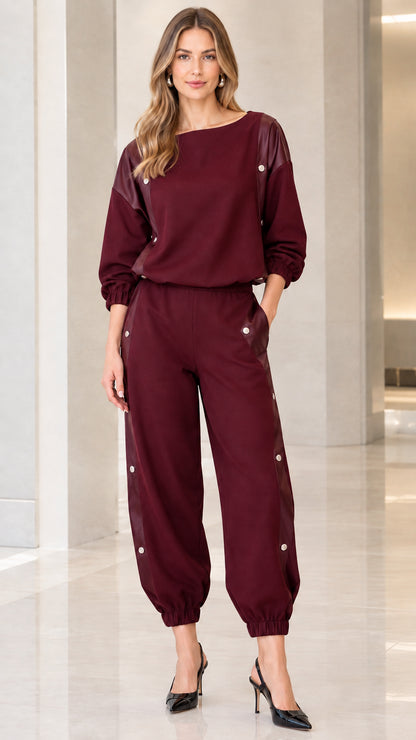 Front full view of women's burgundy wine matching top and jogger pants set