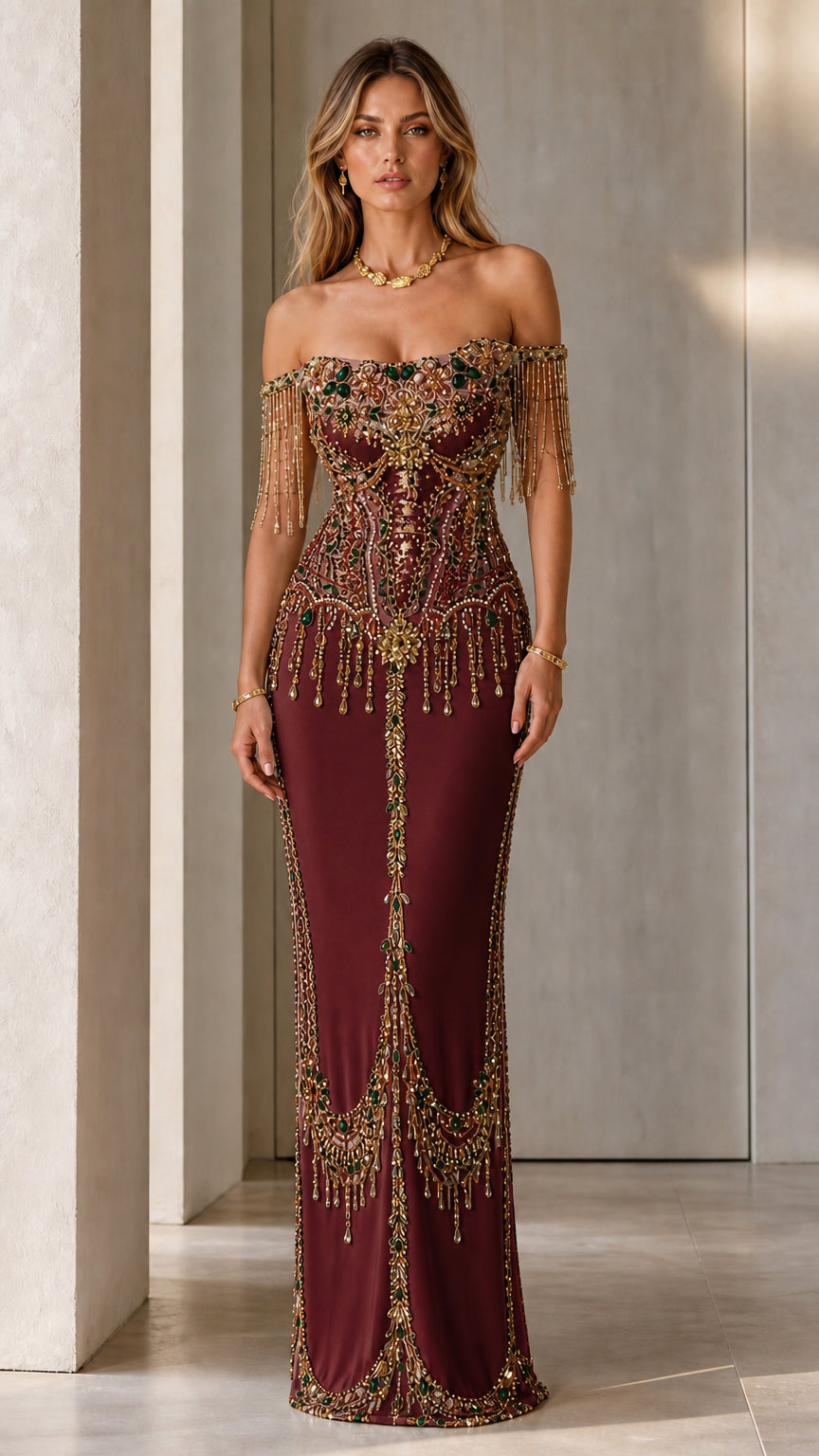 Model wearing Burgundy off-the-shoulder crystal-embellished evening gown