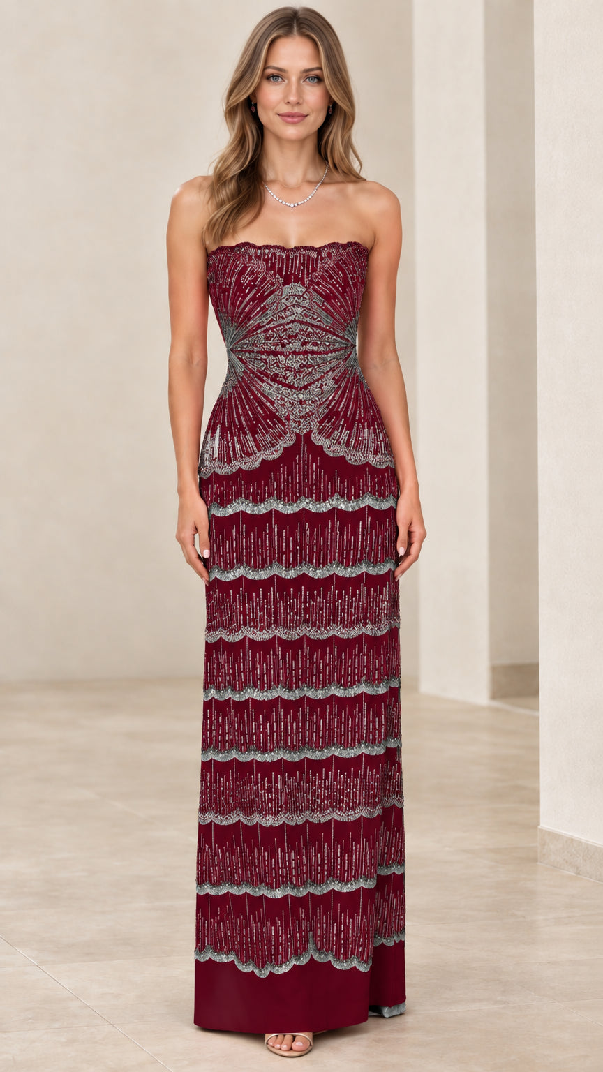Burgundy red strapless beaded column evening gown