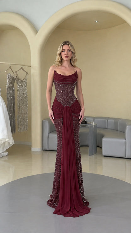 Burgundy wine red ruched and beaded floor-length gala dress