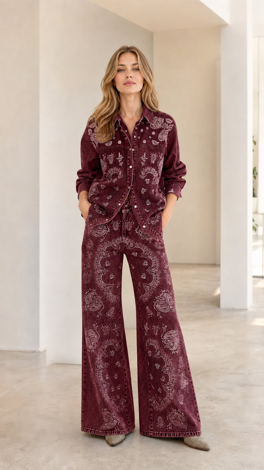Full front view of woman wearing Burgundy wine red paisley print denim set