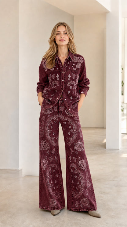 Full front view of woman wearing Burgundy wine red paisley print denim set