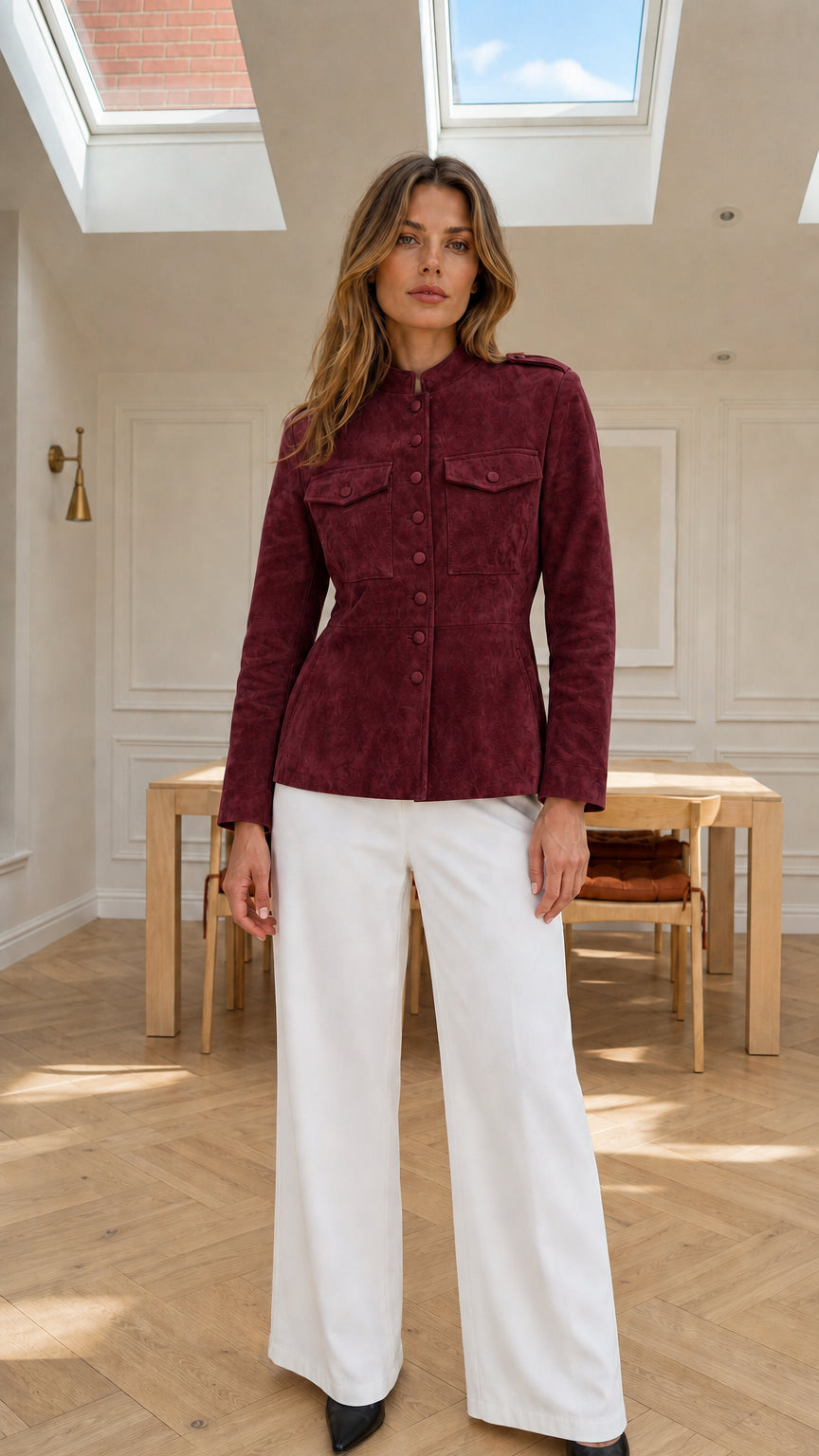 Model wearing burgundy wine faux suede button-front tailored jacket