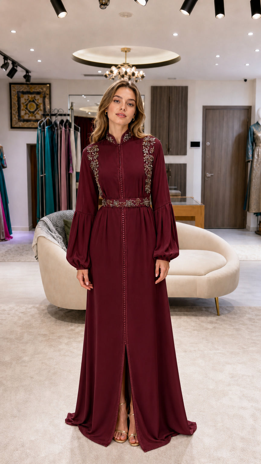 Model wearing burgundy red embellished bishop sleeve kaftan maxi dress