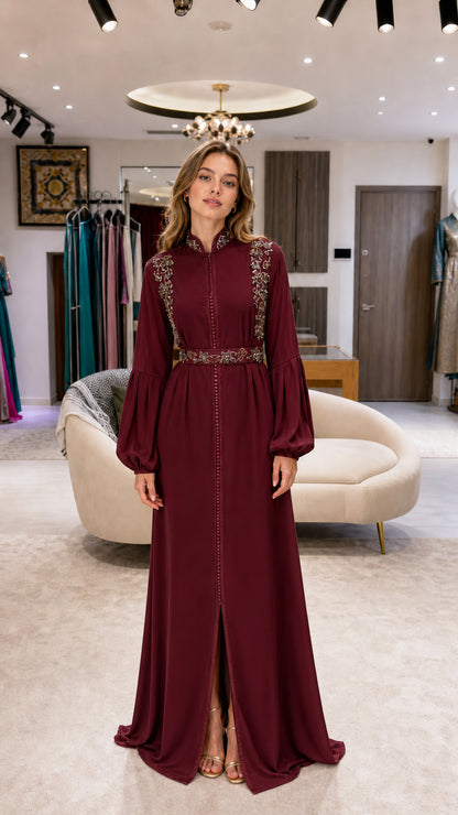 Model wearing burgundy red embellished bishop sleeve kaftan maxi dress