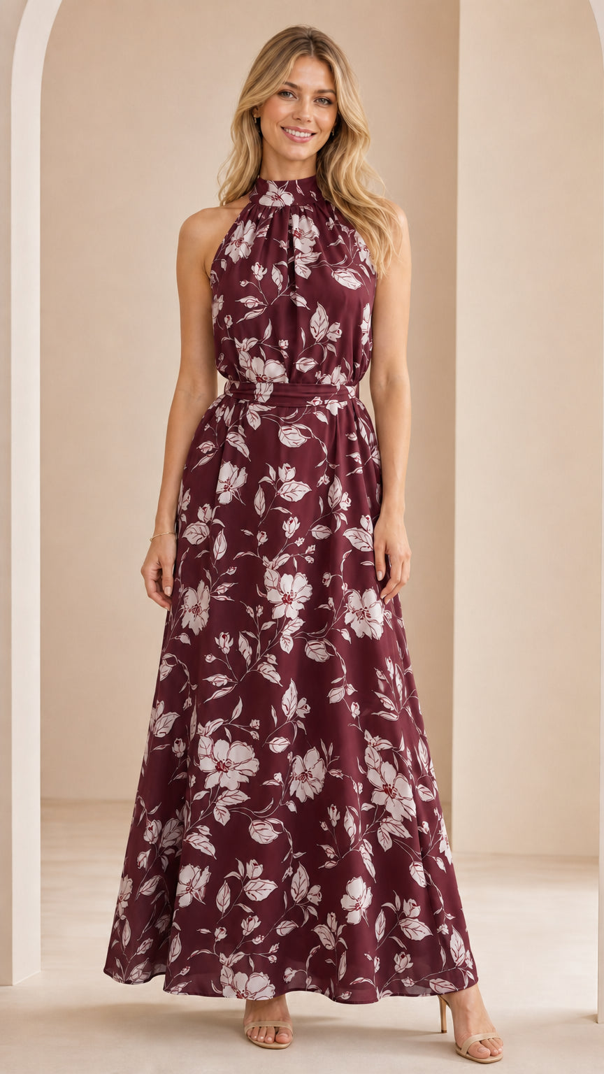 Front view of woman wearing burgundy floral halter neck maxi dress
