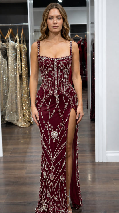 Burgundy red crystal-embellished corset maxi gown front view