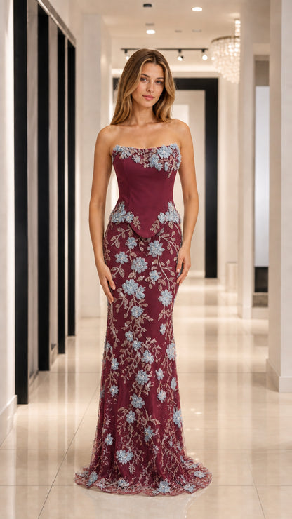 Burgundy strapless floral embroidered gown