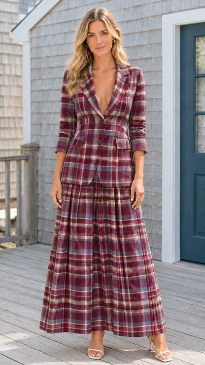 Burgundy multi plaid tailored jacket and pleated maxi skirt two-piece set
