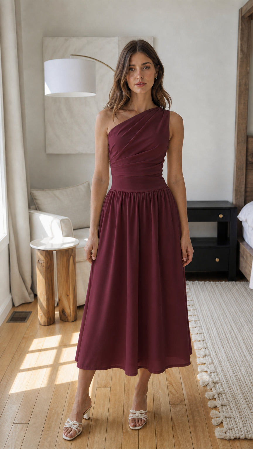 Front view of burgundy one-shoulder midi dress
